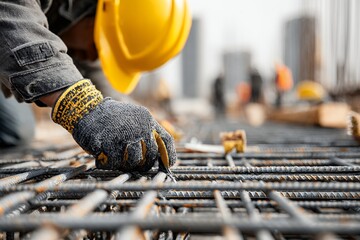 Construction worker hands holding steel rebar with safety gloves