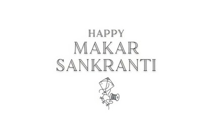 Happy Makar Sankranti text with kite and thread spool line art, Hindu harvest festival greeting, isolated on white