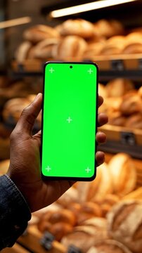 Close Up Of Dark Skinned Hand Holding A Vertical Smartphone With Green Screen In A Bakery With Blurred Bread Background Warm Lighting