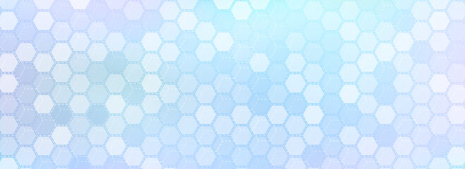 Blue abstract background with hexagonal pattern and geometric structure, vector illustration. Futuristic banner with gradient and glowing hexagons, scientific research and biomedical chemistry concept