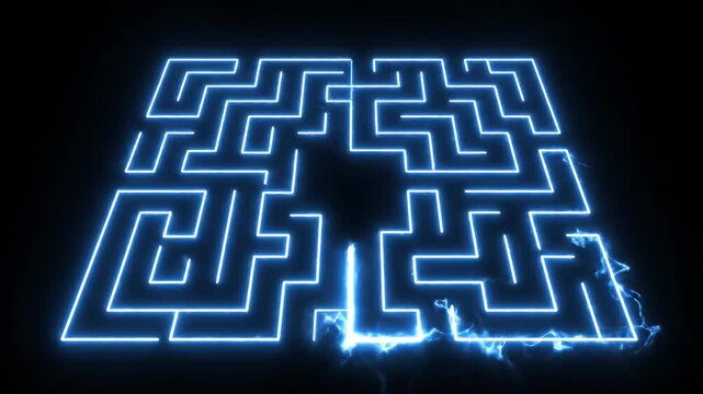 Neon Blue Maze Puzzle Lights Forming Complex Circuit.