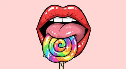 Vibrant pop art illustration of red lips with a pink tongue licking a colorful rainbow swirl lollipop.
