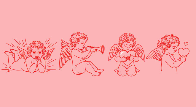 A pixelated red design on a pink background with unclear shapes.