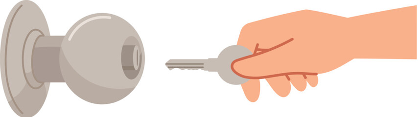 Hand holding key to unlock door, Access home doorknob with key illustration