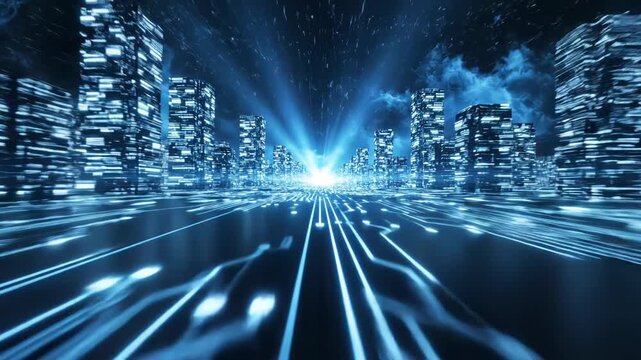 Futuristic cityscape with glowing blue lines and skyscrapers at night
