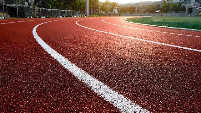 Empty red running track with white lines at a sports stadium during sunset.
