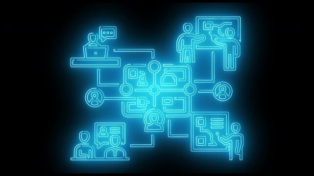 Glowing blue neon graphic illustrating interconnected digital communication and social networking concepts on a black background.