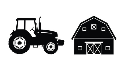 Farm scene featuring a tractor and barn in black silhouette