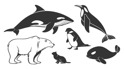 Obraz premium Monochrome Animal Collection: A collection of black and white illustrations of diverse animal kingdom figures. 