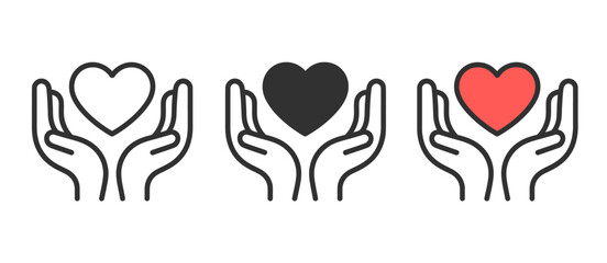 Fototapeta premium Hands holding heart icon set isolated on white background, symbolizing love, care, support, and compassion in clean vector illustration for charity, healthcare, and social design.