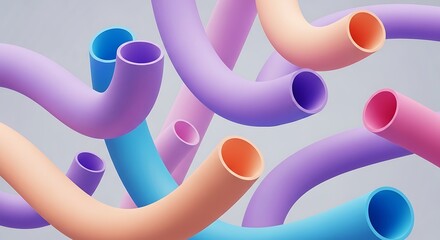 Colorful plastic tubes intertwined bending in various directions on gray background