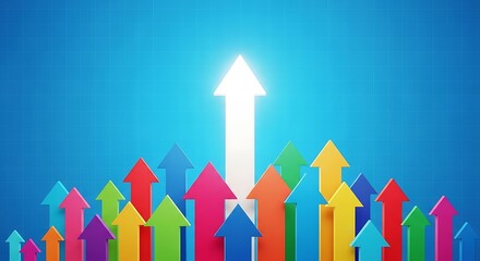 Colorful arrows rising upwards on blue background symbolizing growth and success