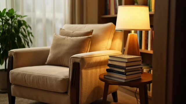 Cozy living room scene with plush sofa, warm lamp lighting, and a stack of books creating inviting home ambiance.