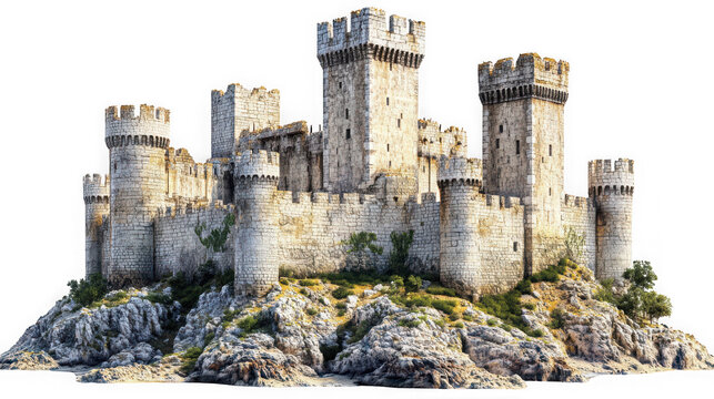 Majestic Medieval Castle Fortress with Stone Walls and Towers on a Rocky Hill, Isolated on White isolated on transparent background