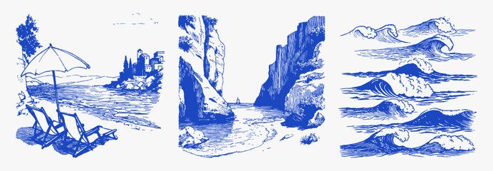 Blue summer beach umbrellas chairs coastal cliffs. Hand drawn sea coves, village shoreline and dynamic waves in vintage line art. Illustration for cards or wall prints.