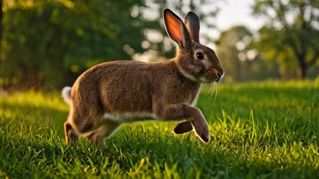 Wild rabbit running through green grass in warm sunlight at golden hour