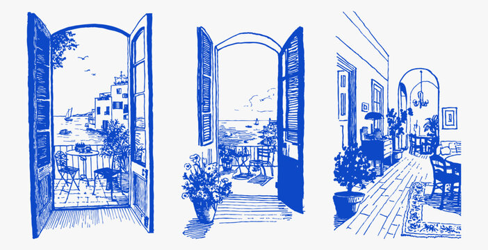 Open terrace doors balcony sea view mediterranean blue sketch. Hand drawn shutters, cafe tables, plants and cozy interior spaces. Vintage italian vacation home illustration set.