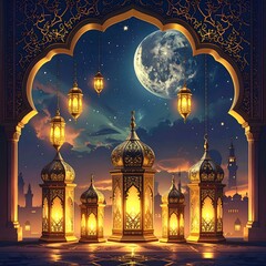 Obraz premium An ornate archway with lanterns and domes illuminated under a full moon at night in an architectural setting image (33).jpg