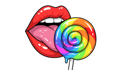 A vibrant cartoon illustration of red lips licking a rainbow swirl lollipop, with the tongue extended.