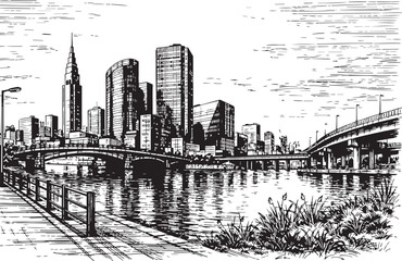 Fototapeta premium City landscape. Different buildings on street, outline cityscape hand sketch, flat houses. Hand drawn vector illustration