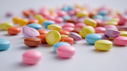 A colorful assortment of pills scattered on a plain white surface closeup