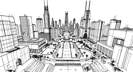 Obraz premium City landscape. Different buildings on street, outline cityscape hand sketch, flat houses. Hand drawn vector illustration