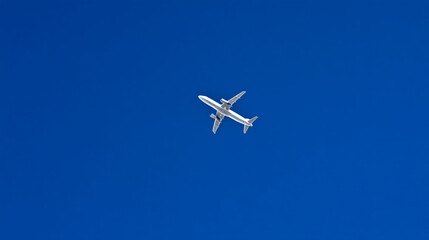 Obraz premium A commercial airplane flies through a clear blue sky with no clouds visible