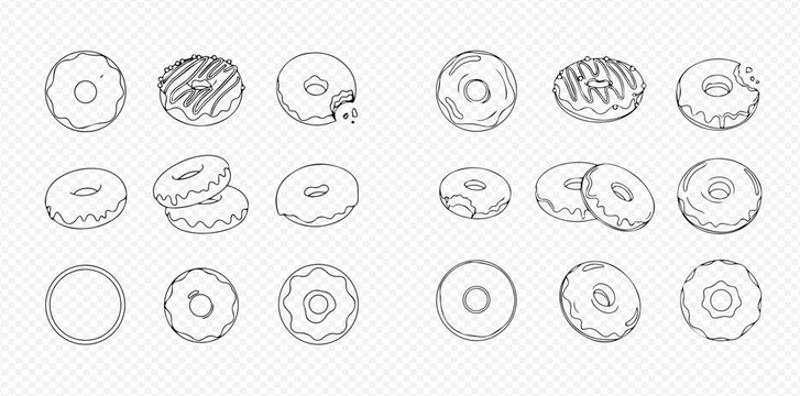 Set of hand-drawn donuts in various styles, including glazed, bitten, and plain, on a transparent background.