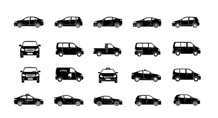 Collection of various car silhouettes and automotive icons including sedan hatchback pickup truck van and taxi for transportation and logistics web design © Sujon Shah