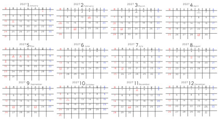 2027年 1月から12月　年間カレンダー　曜日日本語