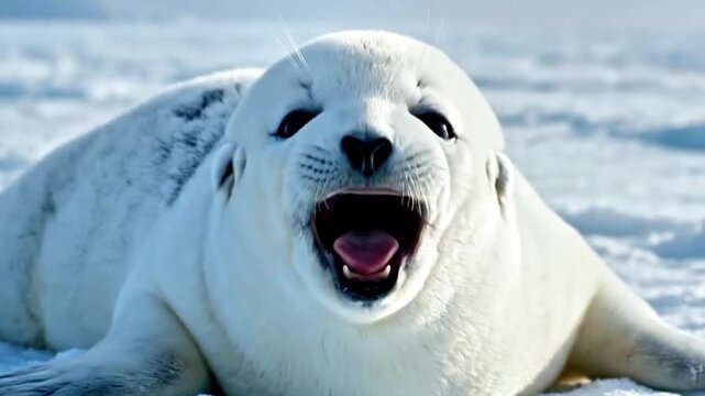A baby harp seal lying on the ice, white fur, big black eyes looking at camera, crying out, emotional shot.