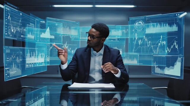 Data analyst reviewing interactive holographic market charts
and pointing toward holographic dashboards filled with stock trends and performance graphs, representing advanced data visualization