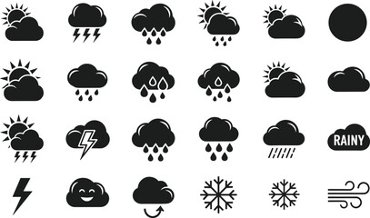 Weather icons collection, sun, clouds, rain, lightning, snowflakes, wind, atmospheric elements for forecast, mobile apps, websites, educational design, flat vector illustration