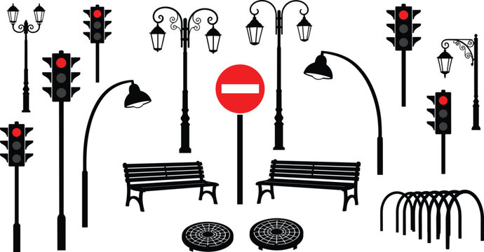 Urban street elements silhouettes, lamps, traffic lights, benches, bike rack, manhole covers, no entry sign, public infrastructure design, flat vector illustration