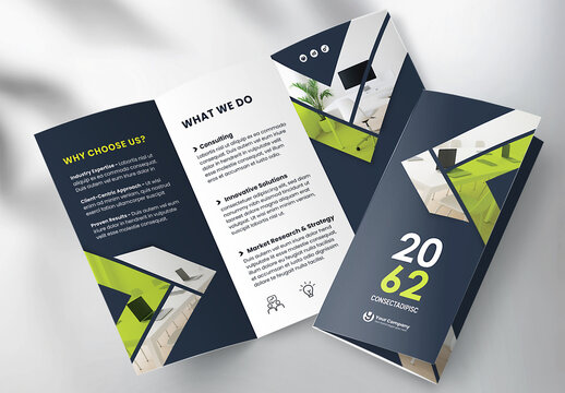 Corporate brochure design template &ndash; Professional modern tri-fold leaflet with geometric layout and business theme in Green and Black