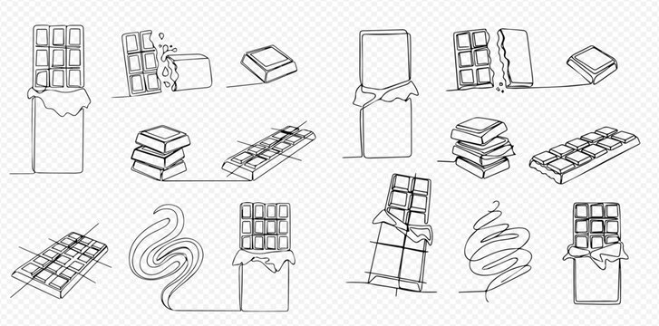 Continuous line drawing of chocolate bars and pieces, sweet dessert food in various forms, vector illustration set.