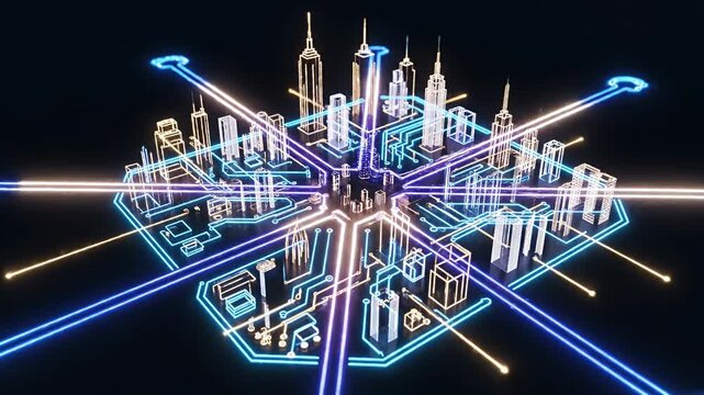 Neon City Grid Futuristic Neon Light Show Architecture.