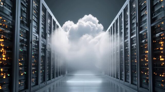 Cloud computing network setup with rows of server data storage and digital clouds creating a modern technology environment