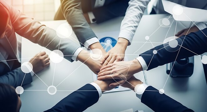 Diverse business team stacking hands in unity at meeting table with network connections and collaboration