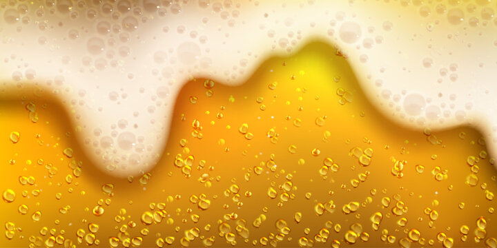 Golden beer with bubbles and foam closeup view, realistic lager texture with rising air bubbles. Vector illustration of fresh carbonated amber color drink