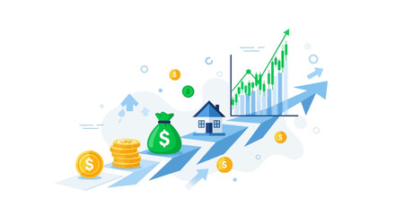 Financial growth concept with rising stock chart, money, coins, and a house on an upward arrow, symbolizing investment and economic prosperity.