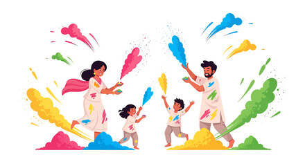 Holi festival colorful powder splashes, family celebration vector illustration, for banner or poster, isolated on transparent background, png