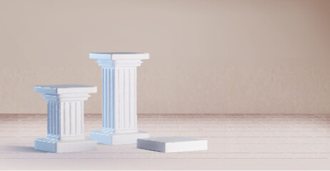 Obraz premium White marble coumn podiums realistic vector background. Ancient roman or greek pillars, three square stands or museum pedestals, product presentation or exhibition near beige stone wall
