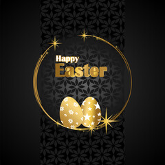Elegant Golden Easter Greeting with Decorative Eggs, perfect for greeting cards, postcards, invitations, posters, covers, flyers, banners, or social media.