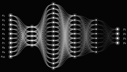 Minimal Monochrome Neural Network Diagram, White on Black Abstract Artificial Intelligence System with Multiple Hidden Layers for Machine Learning and Data Science Visualization