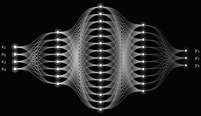 Monochrome Neural Network Diagram with 4 Inputs, 3 Outputs and 4 Hidden Layers, White on Black Abstract Computational Flow for Artificial Intelligence and Data Science Concepts