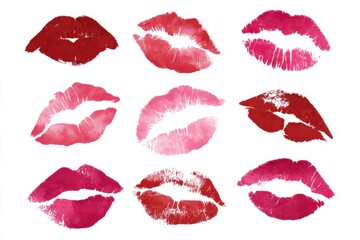 Variety of vibrant red and pink lipstick kiss prints on white background