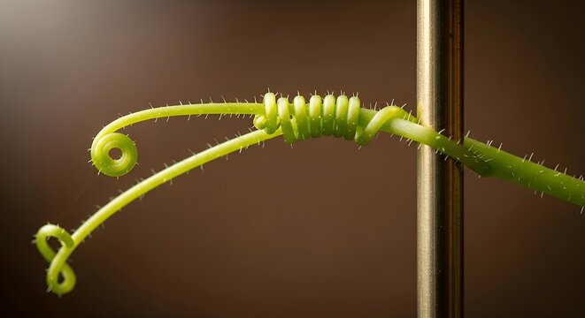 Close-up Macro Shot of a Green Vine Tendril Curling and Growing Around a Support Pole