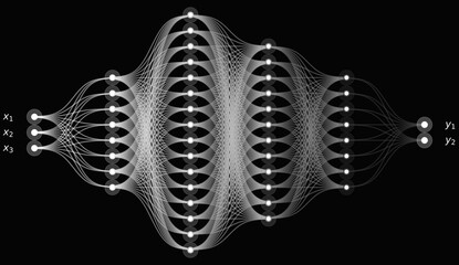 Abstract Neural Network Structure with 6 Inputs, 2 Outputs and 4 Hidden Layers, Silver White on Black Data Flow Visualization for Artificial Intelligence and Computational Concepts