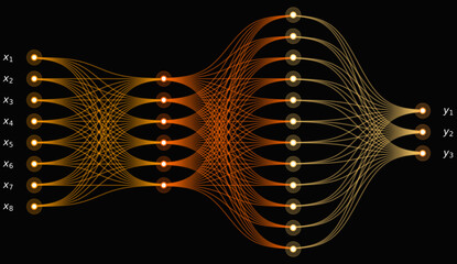 Editable Neural Network Visualization with 8 Inputs, 4 Outputs and 5 Hidden Layers, Glowing Gold and Amber Abstract Data Flow for Artificial Intelligence and Machine Learning Concepts